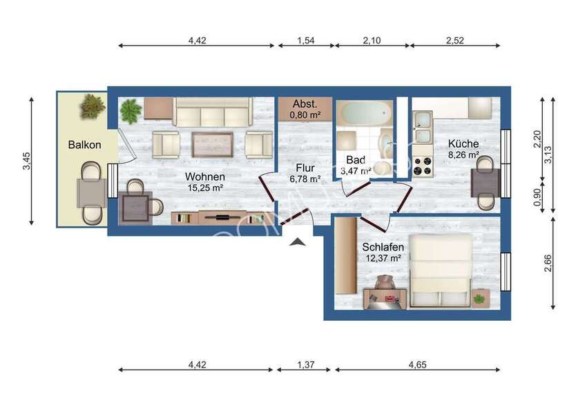 Praktische 2 Zimmer-Wohnung mit Balkon und Einbauküche