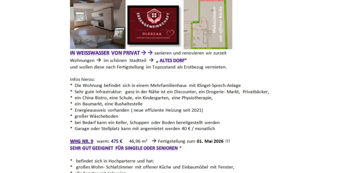 Hochparterre Weißwasser (Oberlausitz) - 1 Zimmer, 46 m&sup2;, 275&euro; | Angebot:25833883