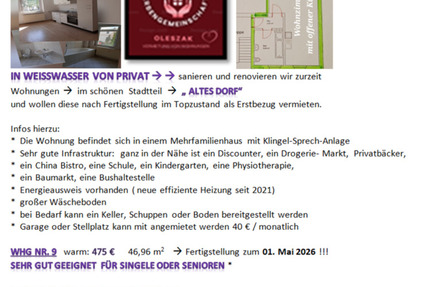 Wohnung Weißwasser (Oberlausitz) - 1 Zimmer, 46 m&sup2;, 275&euro; | Angebot:25833883