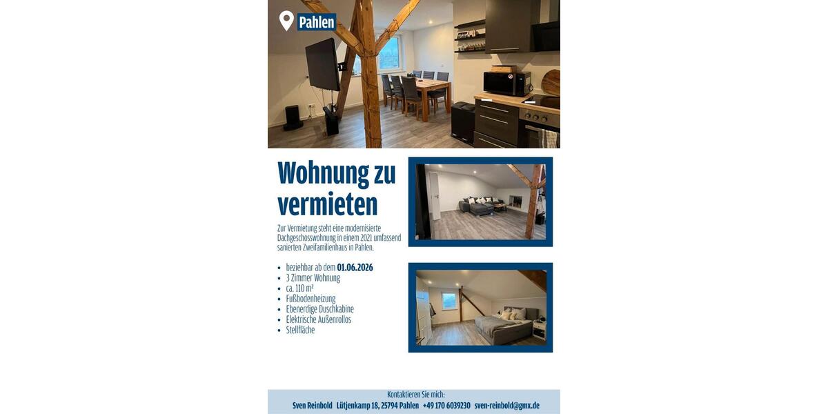Dachgeschoßwohnung Pahlen - 3 Zimmer, 110 m&sup2;, 900&euro; | Angebot:25964790