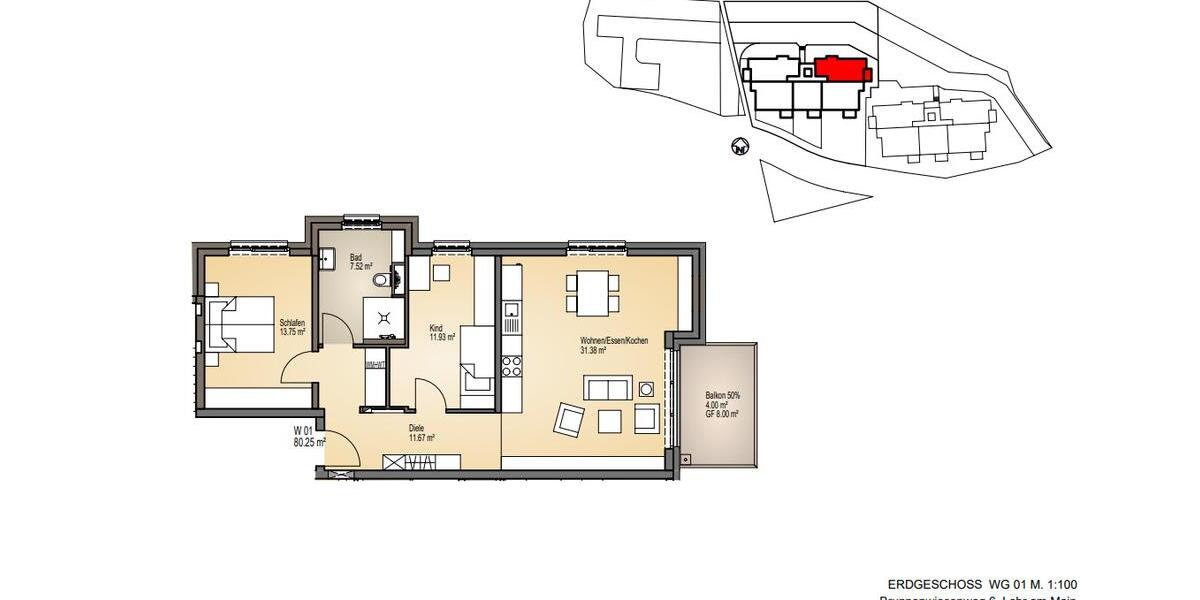 Erdgeschoßwohnung Lohr am Main - 3 Zimmer, 80 m&sup2;, 1.000&euro; | Angebot:25755383