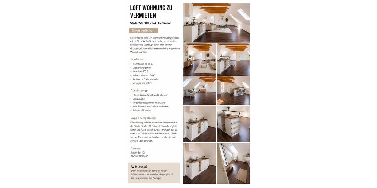 Loft - Studio - Atelier Hemmoor - 1 Zimmer, 50 m&sup2;, 600&euro; | Angebot:26381028