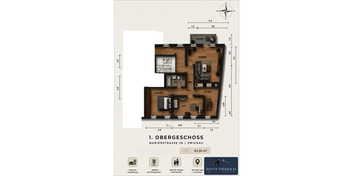 Etagenwohnung Zwickau - 3 Zimmer, 84 m&sup2;, 530&euro; | Angebot:26837900
