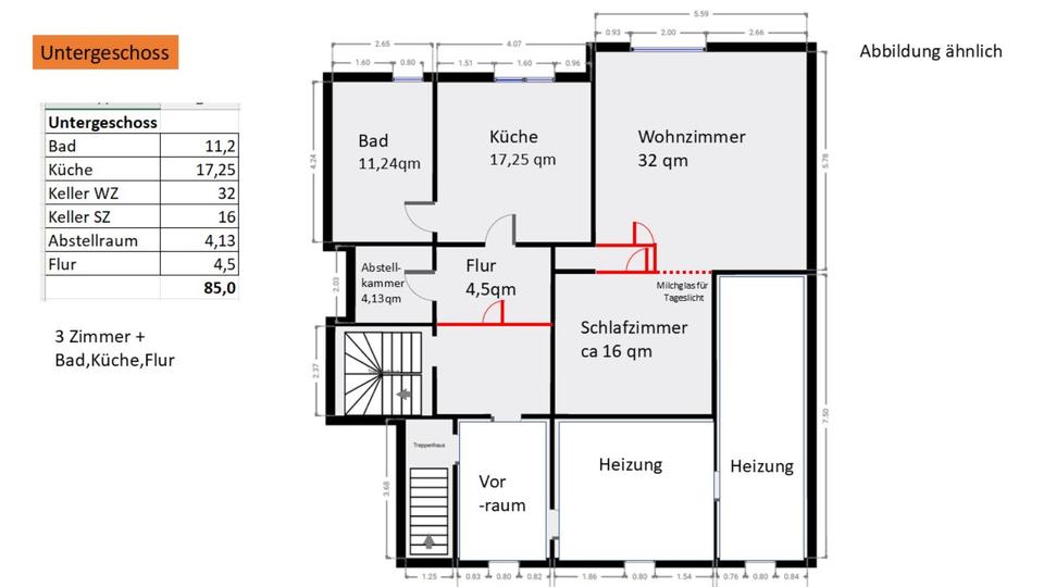 Souterrain Wohnung: 2 Zimmer +Küche, Bad 85qm 600 EUR Kalt 2 zimmer