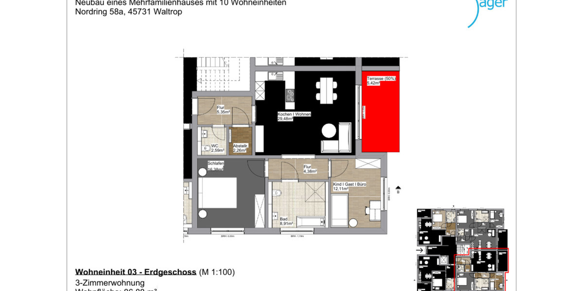 Erdgeschoßwohnung Waltrop - 3 Zimmer, 87 m&sup2;, 1.173&euro; | Angebot:24428781
