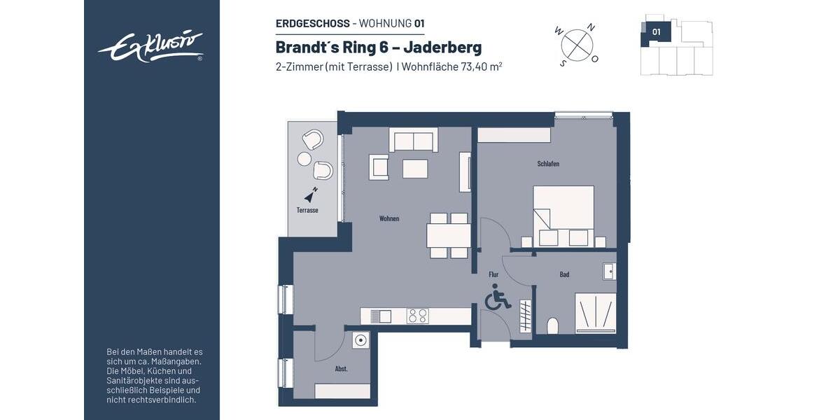 Erdgeschoßwohnung Jade - 2 Zimmer, 73 m&sup2;, 536&euro; | Angebot:25479540