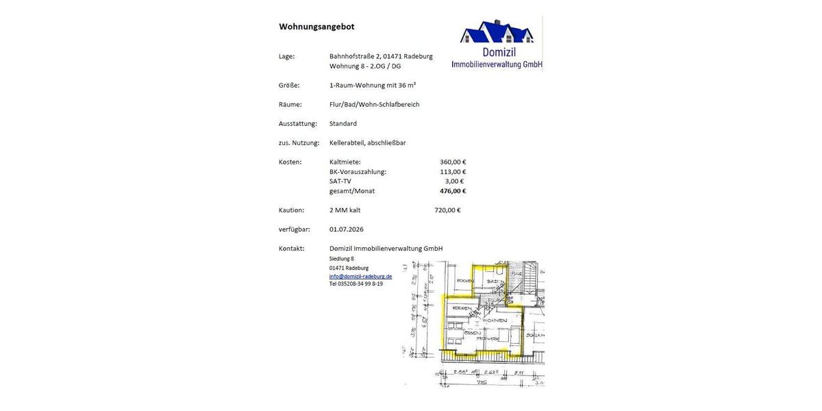 Etagenwohnung Radeburg - 1 Zimmer, 36 m&sup2;, 360&euro; | Angebot:26674747