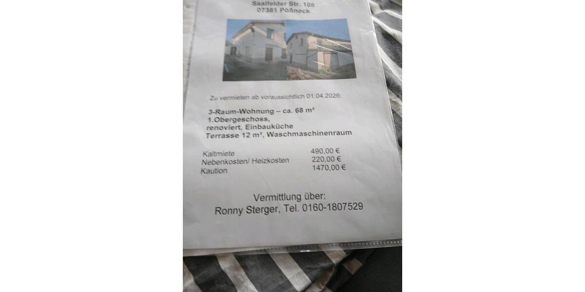 Etagenwohnung Pößneck - 3 Zimmer, 68 m&sup2;, 490&euro; | Angebot:26030081
