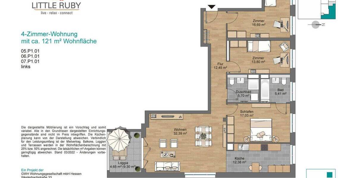 Etagenwohnung Frankfurt am Main Schwanheim - 4 Zimmer, 120 m&sup2;, 1.949&euro; | Angebot:26544124