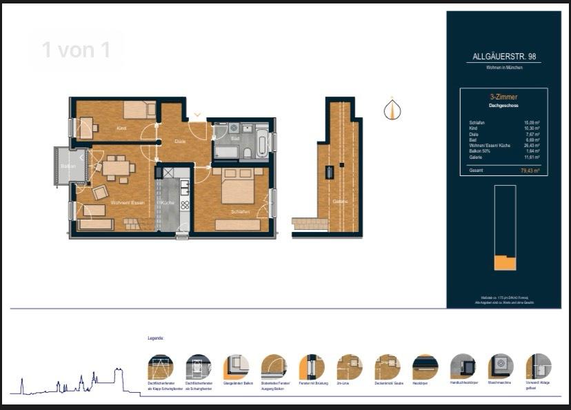 Dachgeschoßwohnung München Thalkirchen-Obersendling-Forstenried-Fürstenried-S - 3 Zimmer, 80 m&sup2;, 2.050&euro; | Angebot:25045994