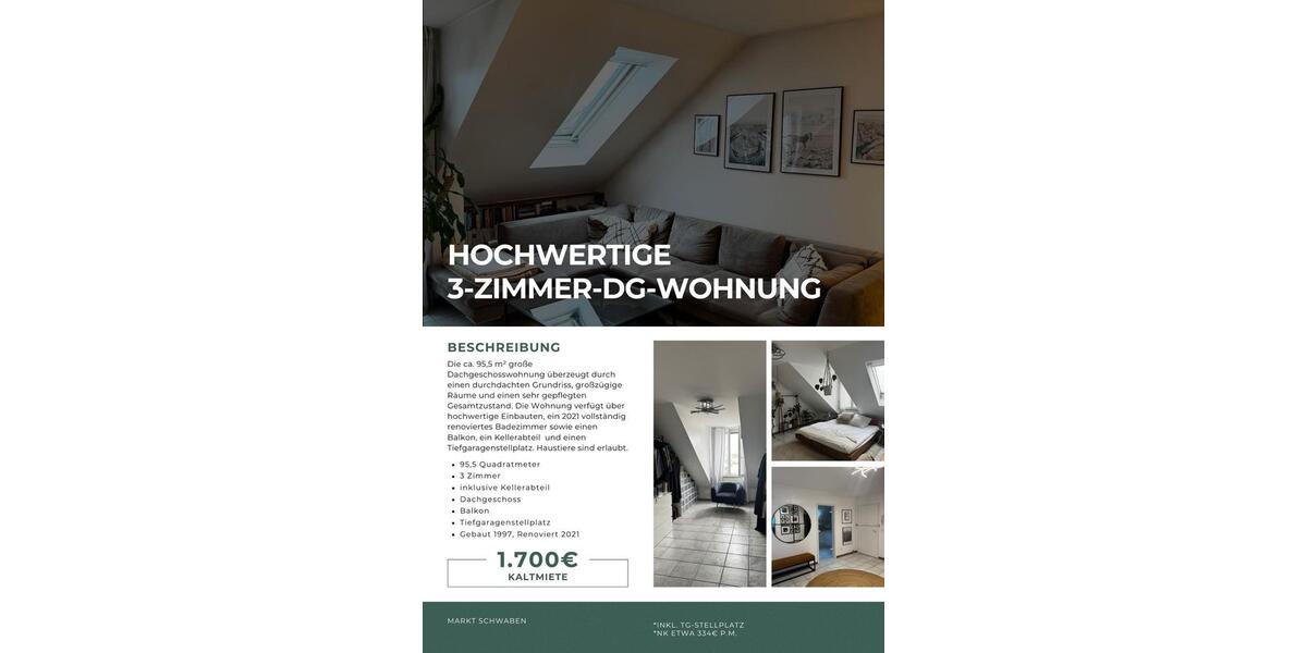 Dachgeschoßwohnung Markt Schwaben - 3 Zimmer, 96 m&sup2;, 1.700&euro; | Angebot:24731941