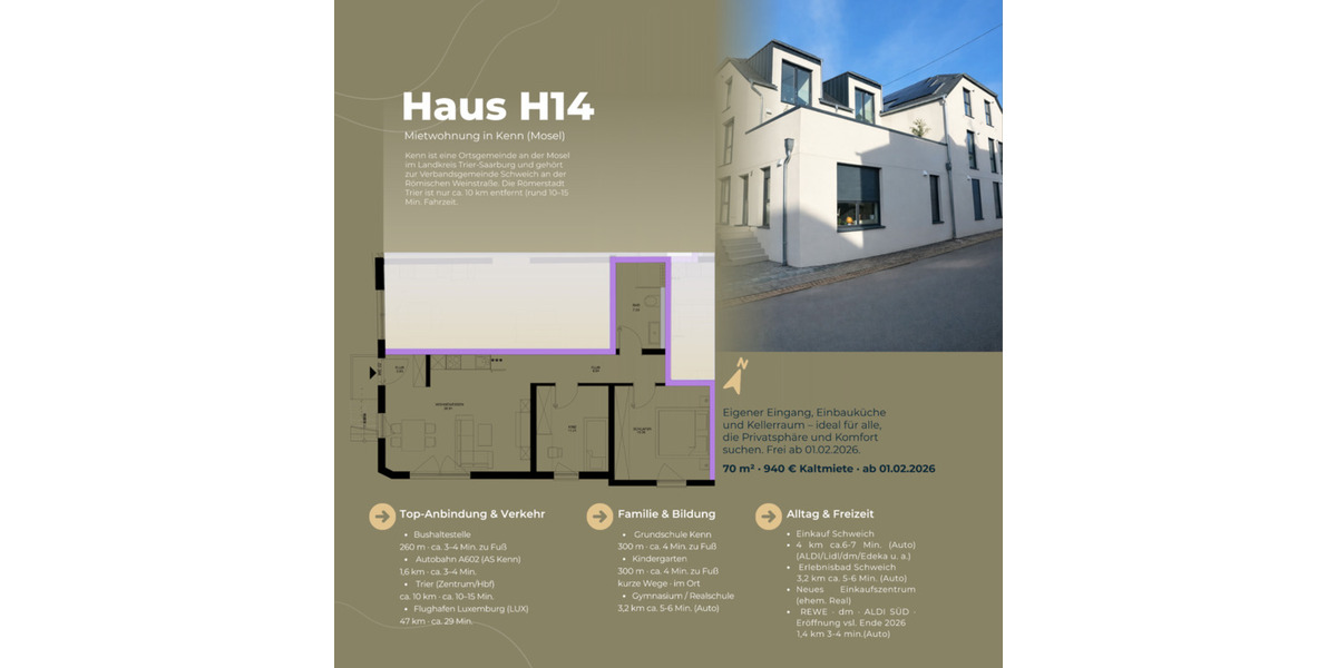 Erdgeschoßwohnung Kenn - 3 Zimmer, 70 m&sup2;, 940&euro; | Angebot:24655594