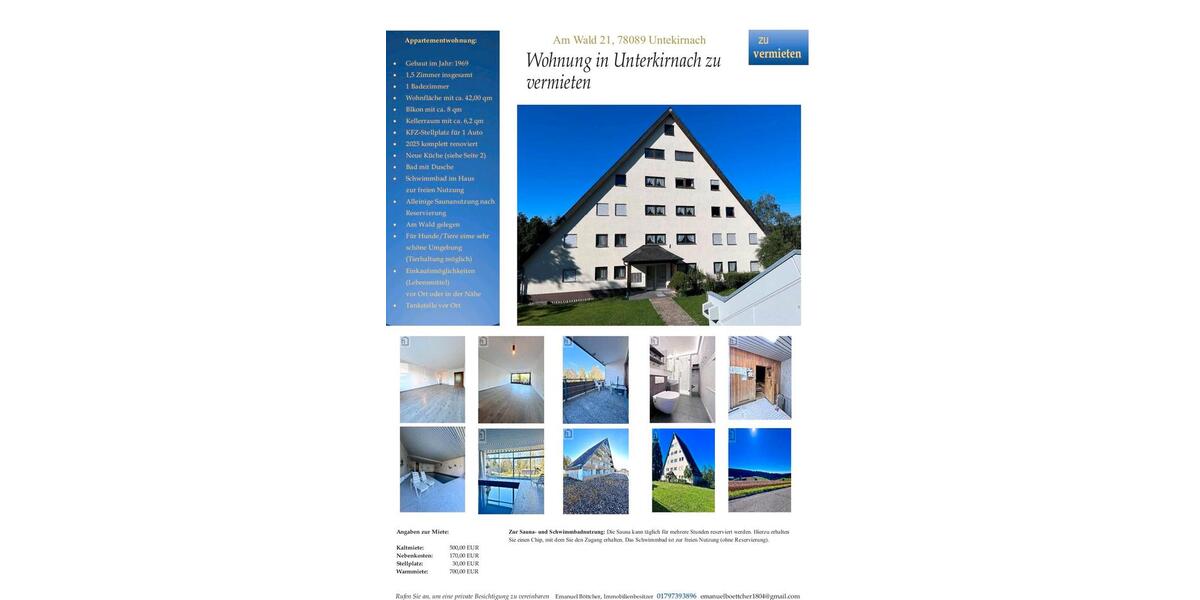 Erdgeschoßwohnung Villingen-Schwenningen Schwenningen - 1 Zimmer, 42 m&sup2;, 500&euro; | Angebot:24840644