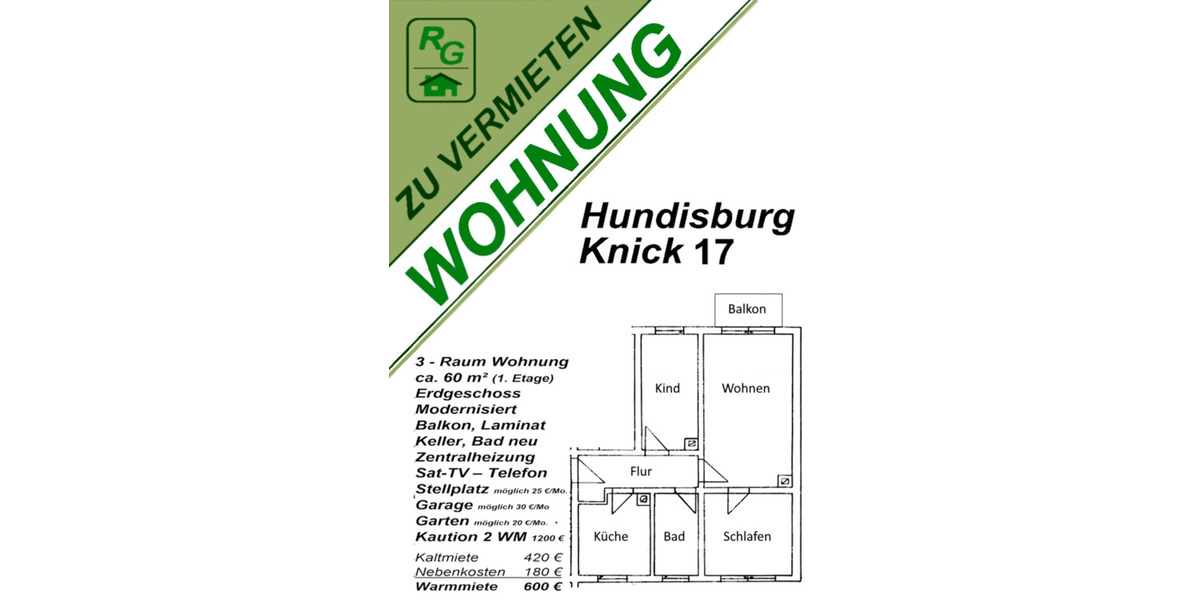 Erdgeschoßwohnung Erxleben - 3 Zimmer, 60 m&sup2;, 420&euro; | Angebot:25381241