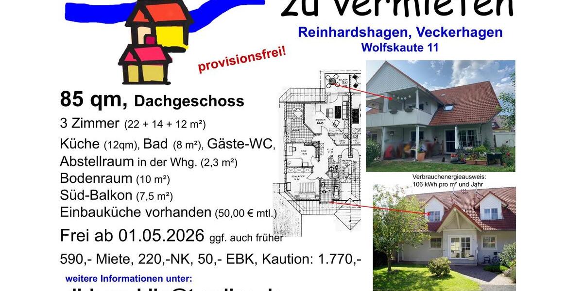 Dachgeschoßwohnung Reinhardshagen - 3 Zimmer, 85 m&sup2;, 590&euro; | Angebot:25857696