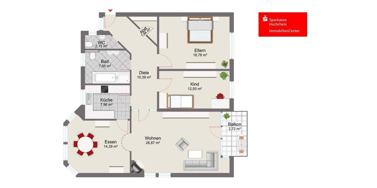 Etagenwohnung Küssaberg - 4 Zimmer, 106 m&sup2;, 845&euro; | Angebot:26620811
