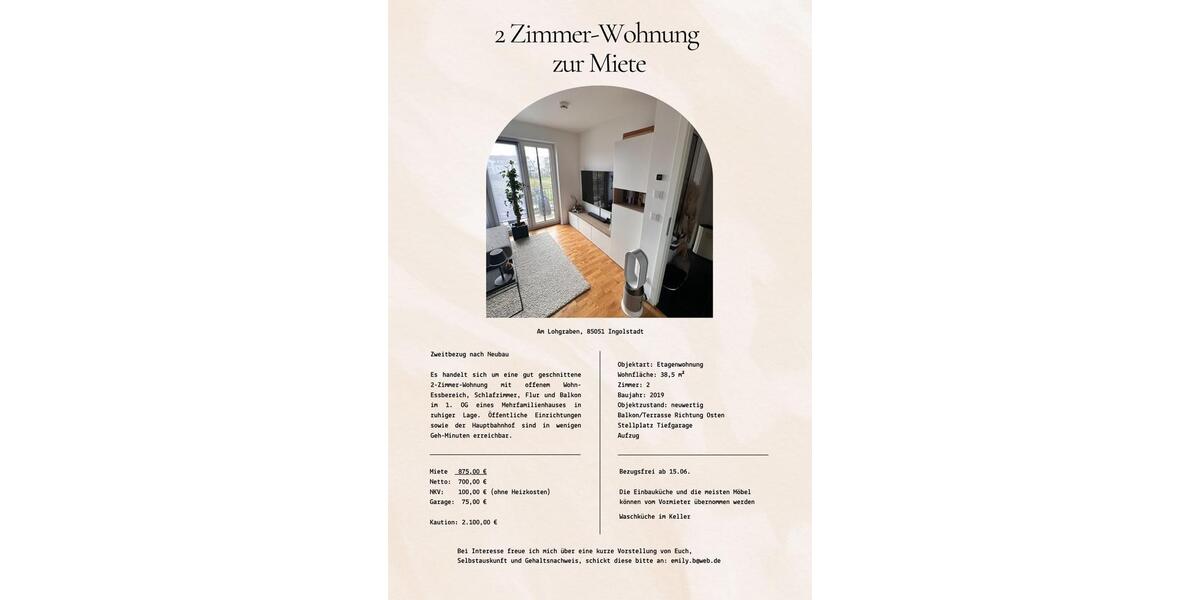 Etagenwohnung Ingolstadt Münchener Straße - 2 Zimmer, 39 m&sup2;, 700&euro; | Angebot:26556999