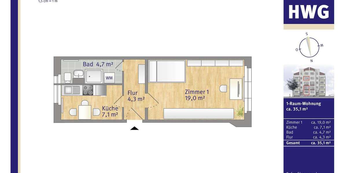 Etagenwohnung Halle Südliche Innenstadt - 1 Zimmer, 35 m&sup2;, 305&euro; | Angebot:26194487