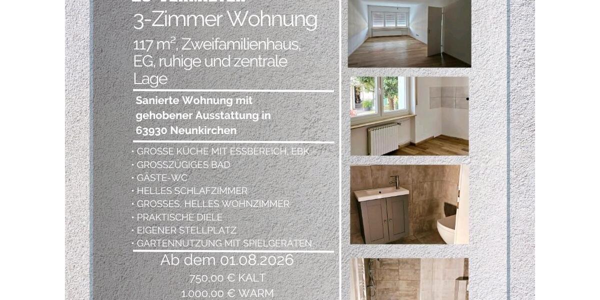 Erdgeschoßwohnung Neunkirchen - 3 Zimmer, 117 m&sup2;, 750&euro; | Angebot:26413817