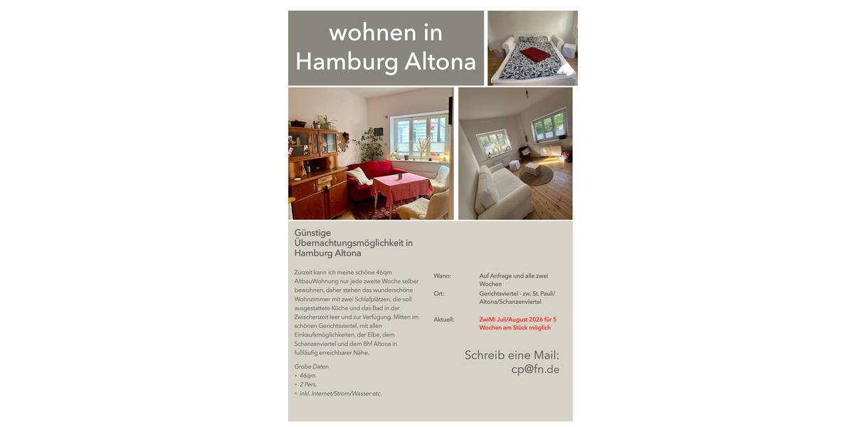 Wohnen auf Zeit Hamburg Altona-Nord - 1 Zimmer, 40 m&sup2;, 300&euro; | Angebot:26656959
