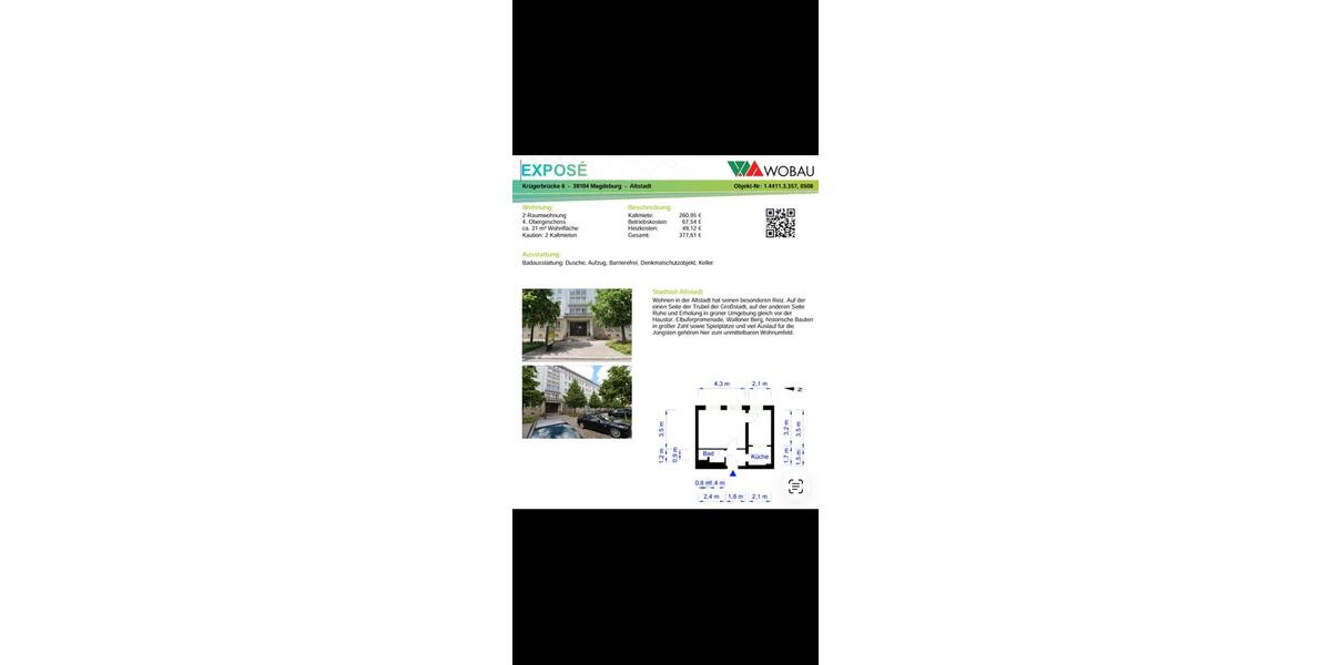 Etagenwohnung Magdeburg - 2 Zimmer, 31 m&sup2;, 378&euro; | Angebot:26278440