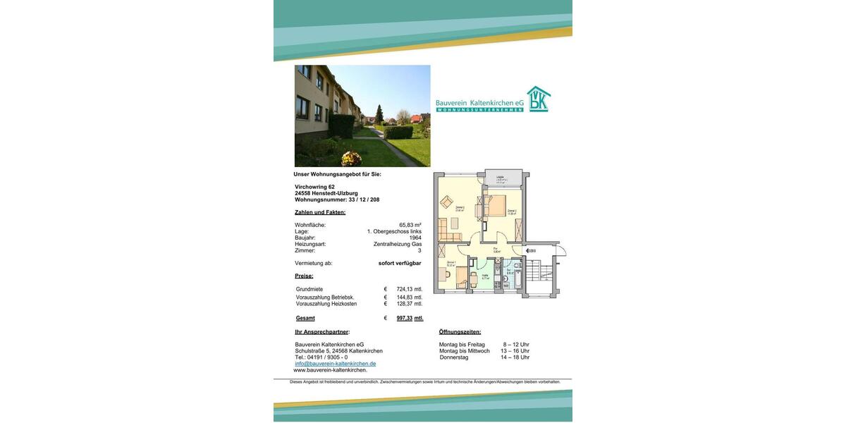Etagenwohnung Kaltenkirchen - 3 Zimmer, 66 m&sup2;, 725&euro; | Angebot:26266074