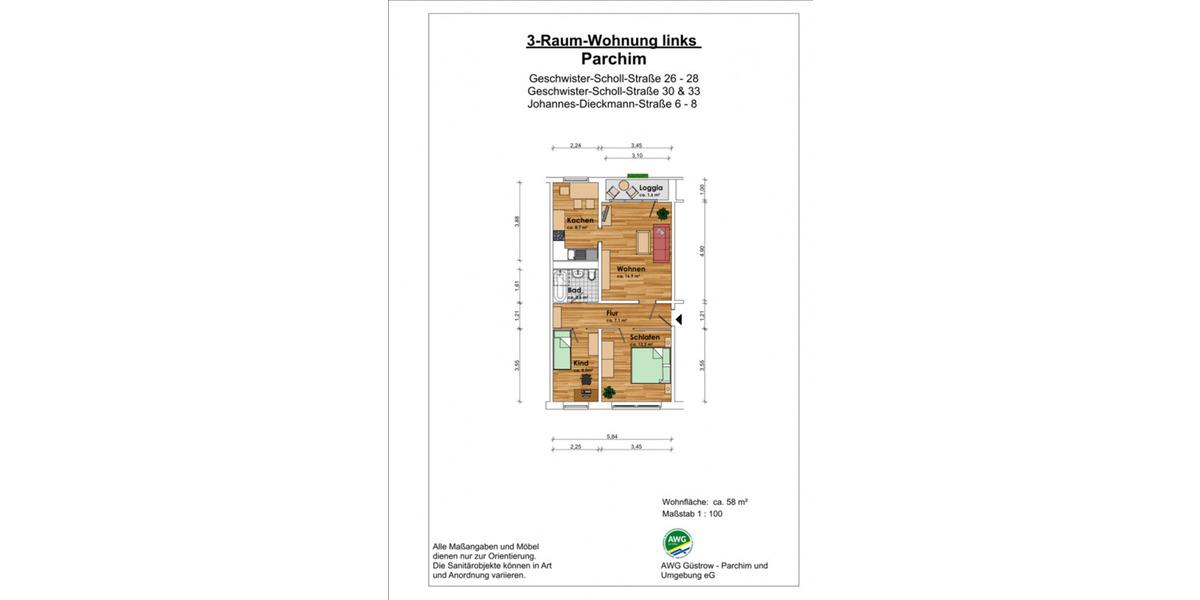 Etagenwohnung Parchim - 3 Zimmer, 58 m&sup2;, 430&euro; | Angebot:24914294