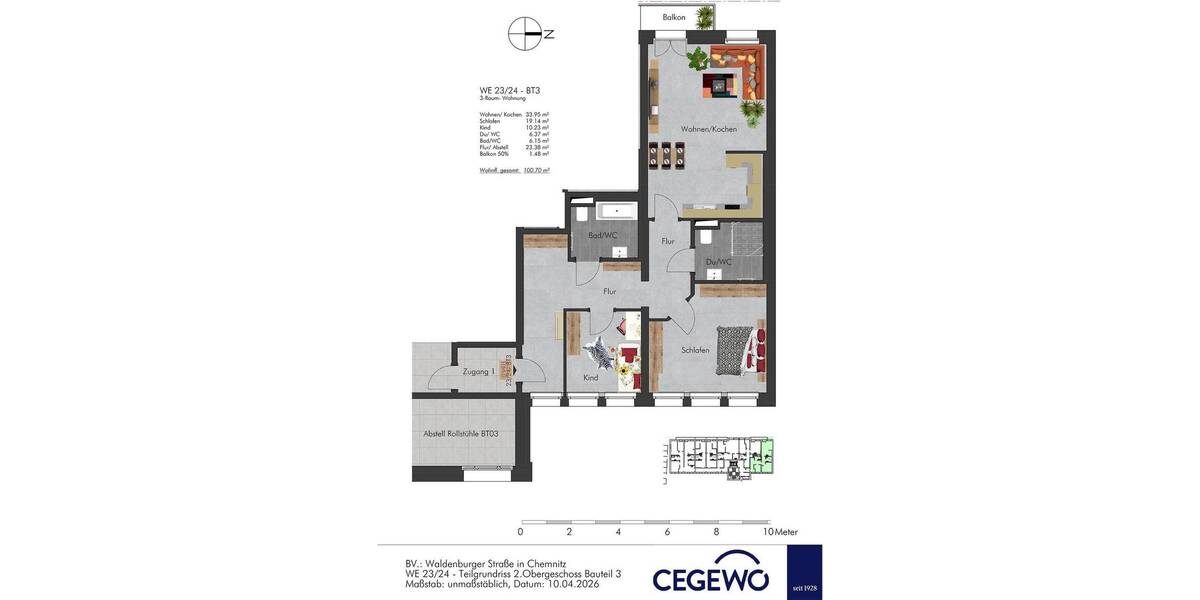 Etagenwohnung Chemnitz Altendorf - 3 Zimmer, 100 m&sup2;, 1.000&euro; | Angebot:26450195
