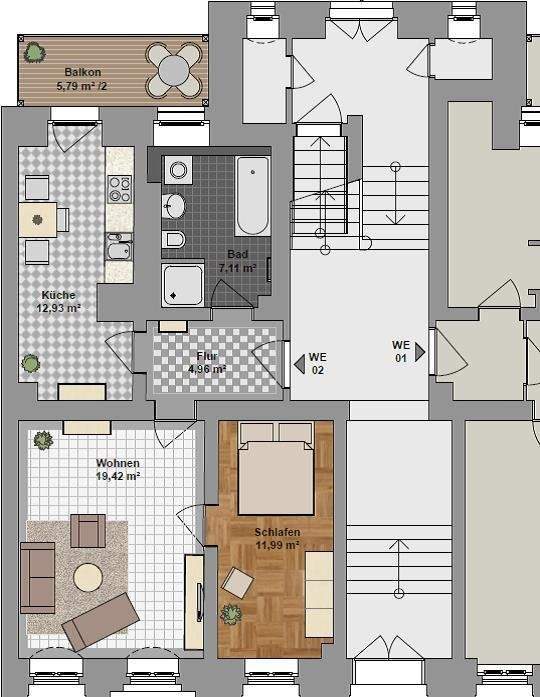 Qualitative Erdgeschoss- WE mit Balkon, FB-Heizung, Bad mit Dusche, Wanne, Fenster 2 zimmer