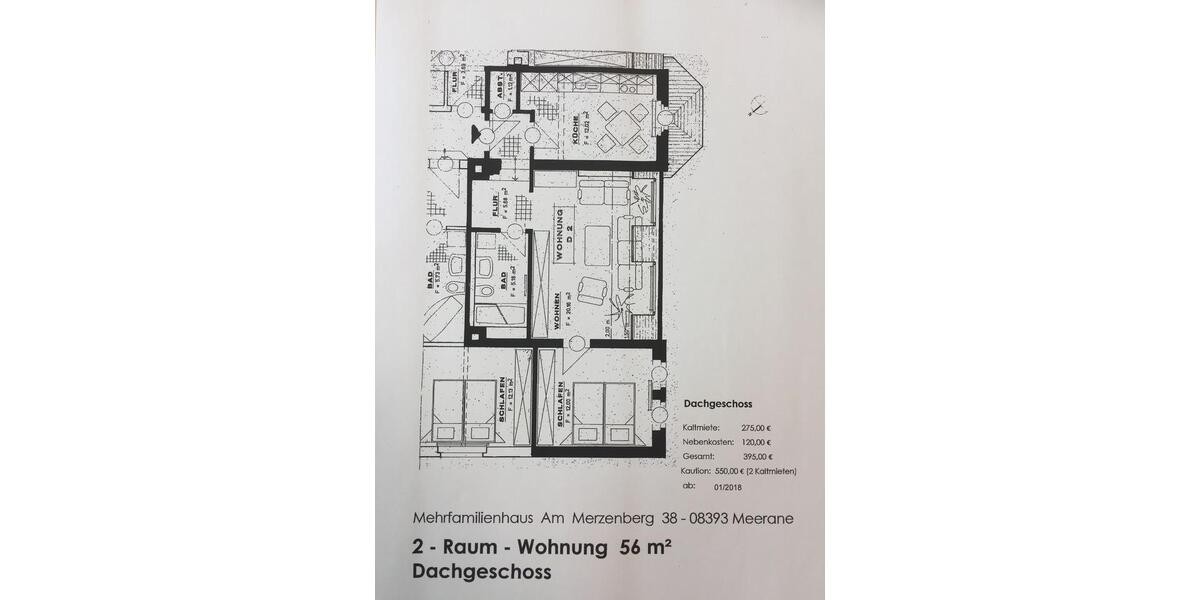 Dachgeschoßwohnung Meerane - 2 Zimmer, 56 m&sup2;, 300&euro; | Angebot:23039470