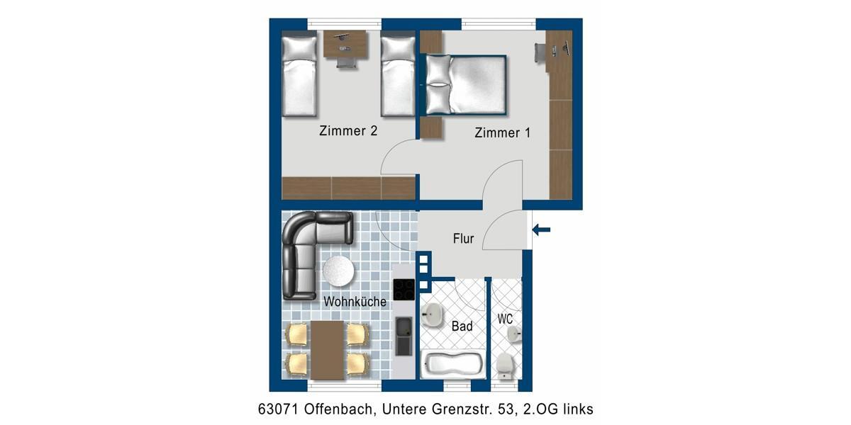 Etagenwohnung Offenbach am Main Bieberer Berg - 2 Zimmer, 56 m&sup2;, 471&euro; | Angebot:26647524