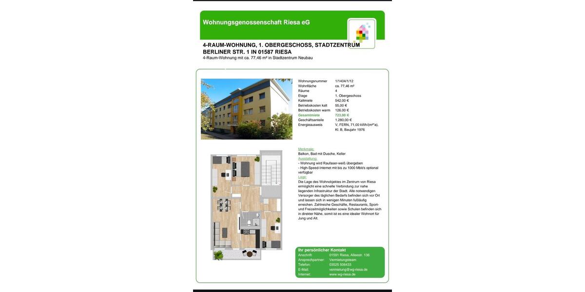 Etagenwohnung Riesa Neuweida - 4 Zimmer, 77 m&sup2;, 723&euro; | Angebot:26565899
