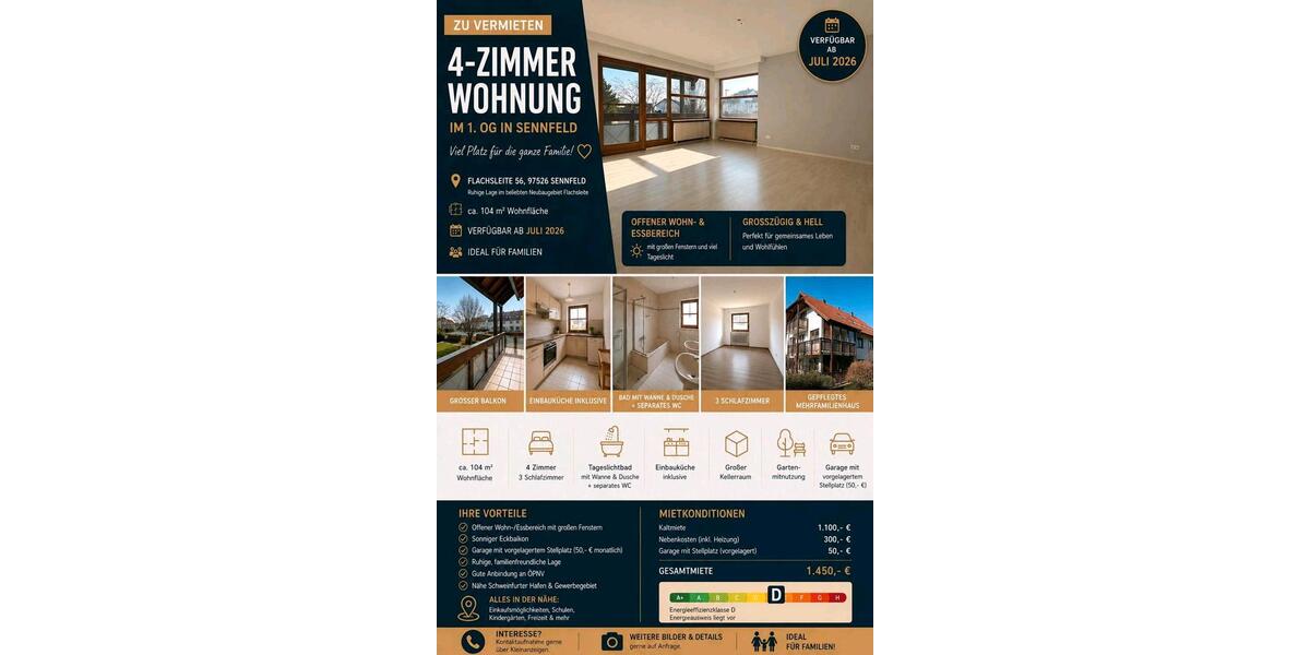 Etagenwohnung Sennfeld - 4 Zimmer, 104 m&sup2;, 1.100&euro; | Angebot:26626274