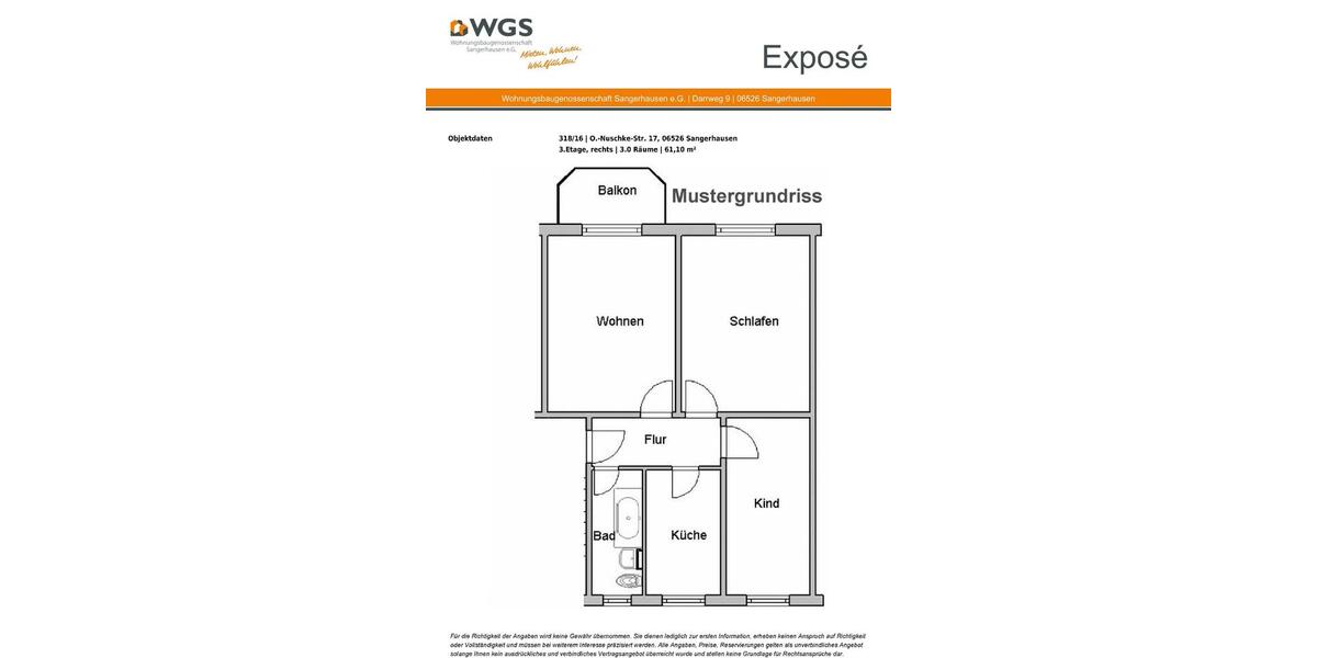 Etagenwohnung Sangerhausen - 3 Zimmer, 61 m&sup2;, 393&euro; | Angebot:26659429