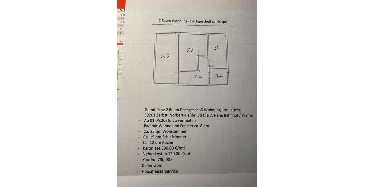 Dachgeschoßwohnung Zerbst (Anhalt) - 2 Zimmer, 60 m&sup2;, 390&euro; | Angebot:24875341