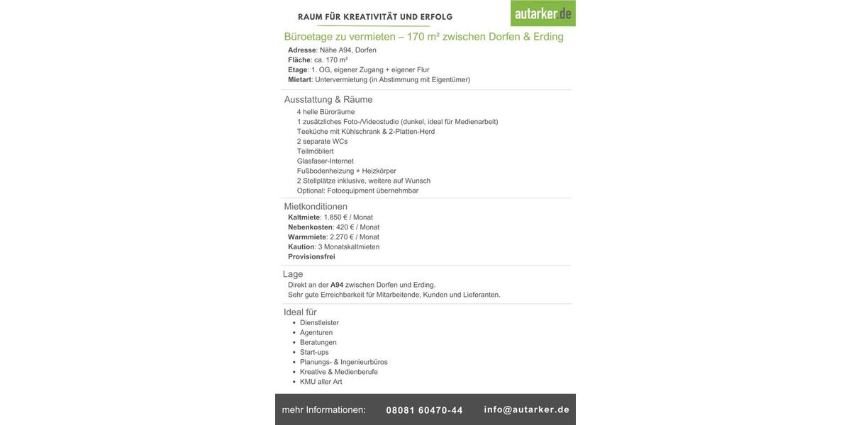 Gewerbeobjekt Dorfen - 1.850&euro; | Angebot:26050756