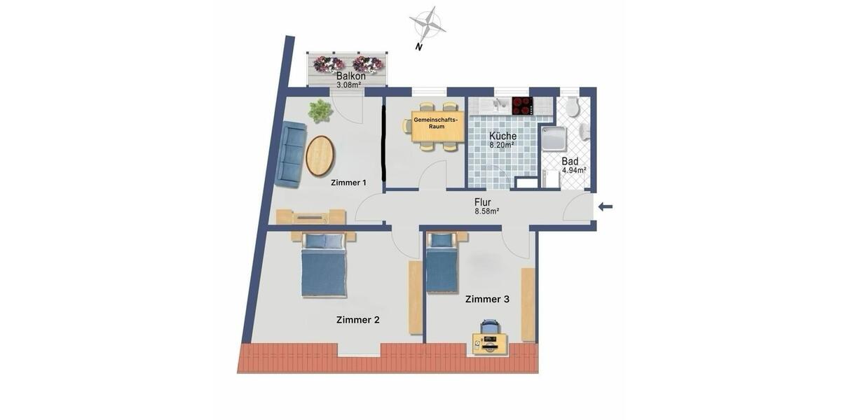 Etagenwohnung Augsburg Innenstadt - 3 Zimmer, 14 m&sup2;, 495&euro; | Angebot:24997175