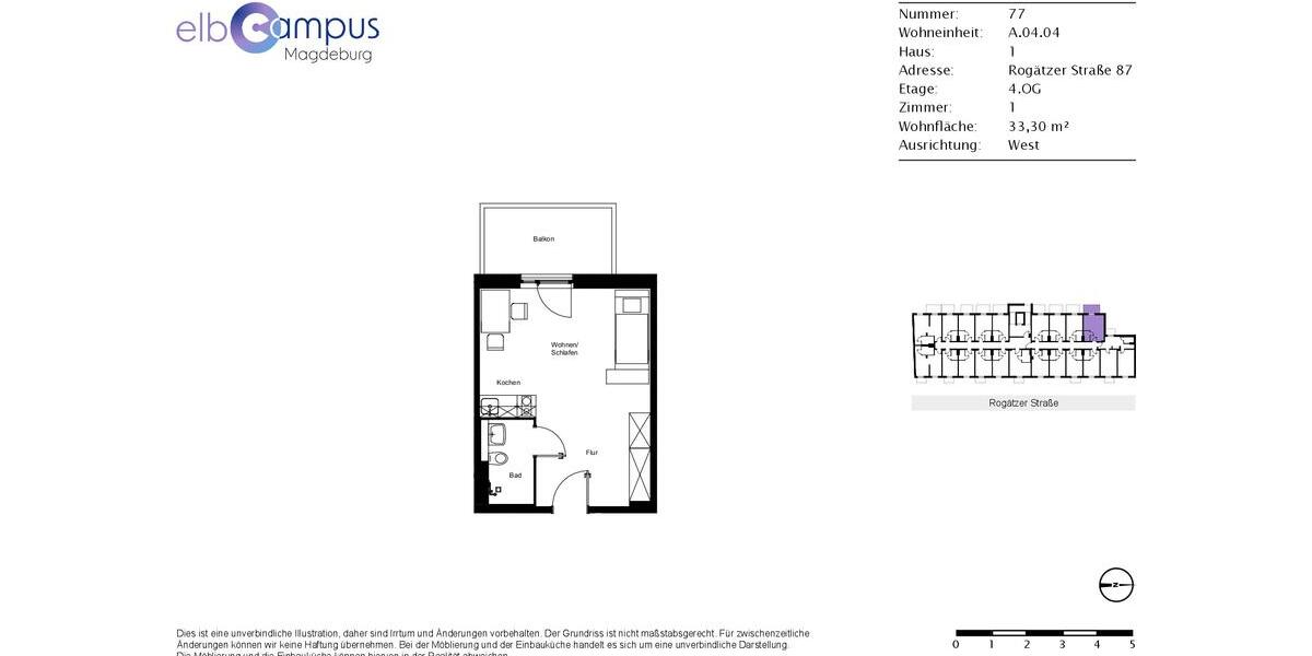 Etagenwohnung Magdeburg Alte Neustadt - 1 Zimmer, 33 m&sup2;, 535&euro; | Angebot:26162204
