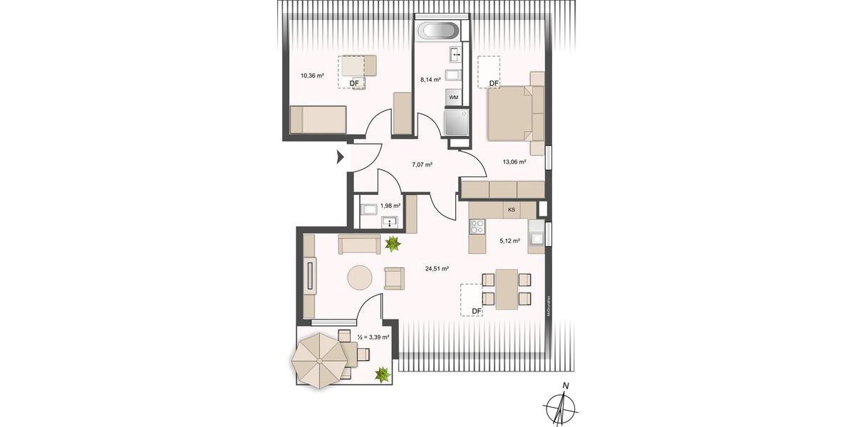 Dachgeschoßwohnung Unterhaching - 3 Zimmer, 74 m&sup2;, 1.380&euro; | Angebot:25416875