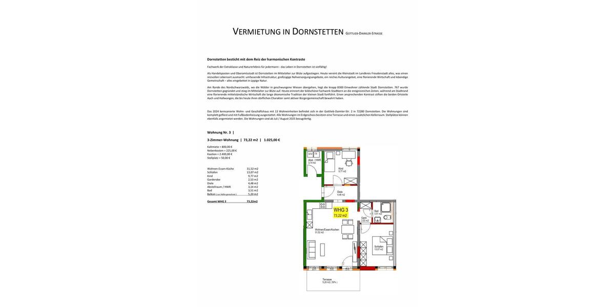 Etagenwohnung Dornstetten - 3 Zimmer, 73 m&sup2;, 750&euro; | Angebot:22431455