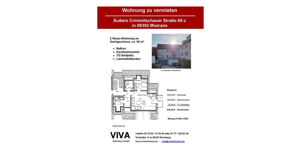 Dachgeschoßwohnung Meerane - 2 Zimmer, 50 m&sup2;, 350&euro; | Angebot:24214745
