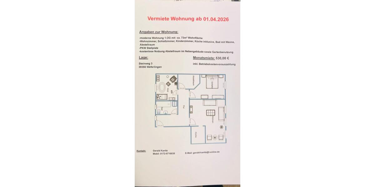 Etagenwohnung Gardelegen - 3 Zimmer, 73 m&sup2;, 530&euro; | Angebot:25370341