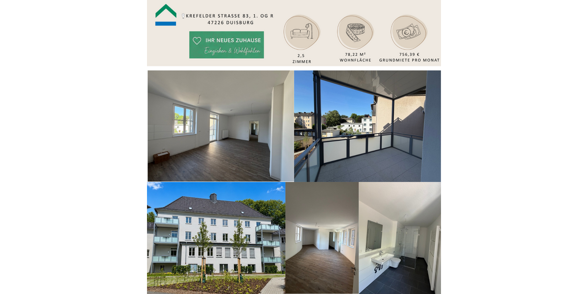 Etagenwohnung Duisburg Rheinhausen - 2.5 Zimmer, 78 m&sup2;, 756&euro; | Angebot:24898604