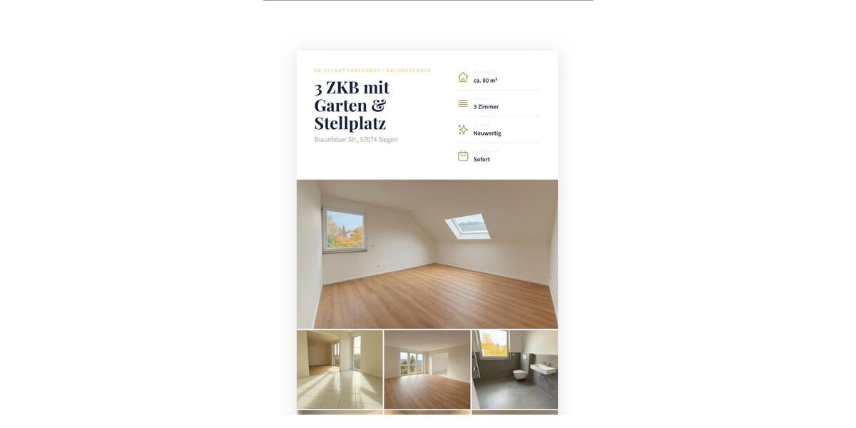 Dachgeschoßwohnung Siegen Kaan-Marienborn - 3 Zimmer, 80 m&sup2;, 750&euro; | Angebot:26583384