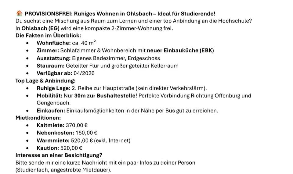 Erdgeschoßwohnung Ohlsbach - 2 Zimmer, 40 m&sup2;, 520&euro; | Angebot:25920965