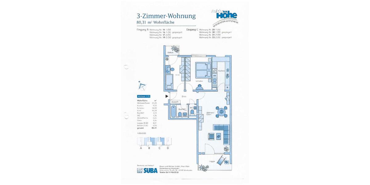 Etagenwohnung Wiesbaden Dotzheim - 3 Zimmer, 80 m&sup2;, 1.350&euro; | Angebot:26493137