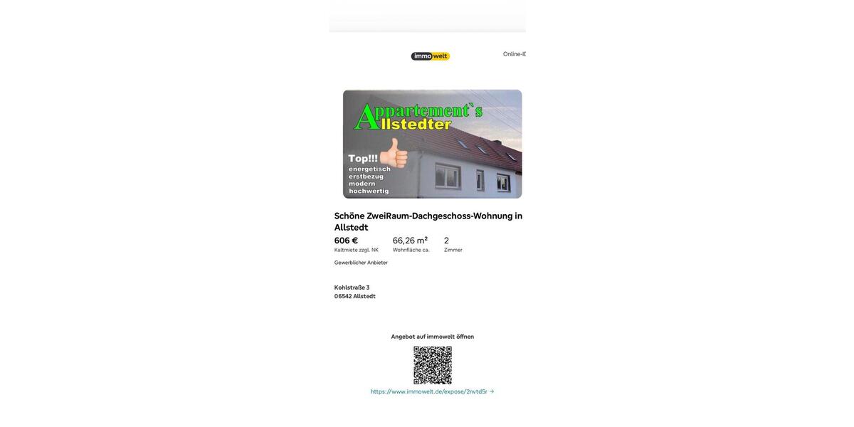 Dachgeschoßwohnung Allstedt - 2 Zimmer, 66 m&sup2;, 606&euro; | Angebot:26612271