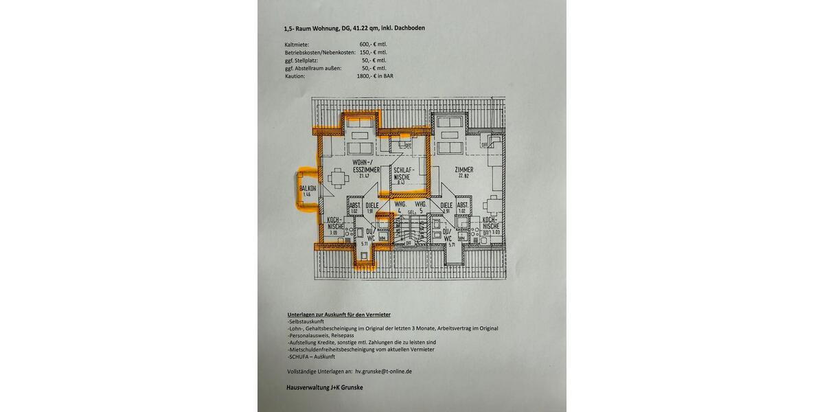 Dachgeschoßwohnung Leegebruch - 1.5 Zimmer, 41 m&sup2;, 750&euro; | Angebot:26617749