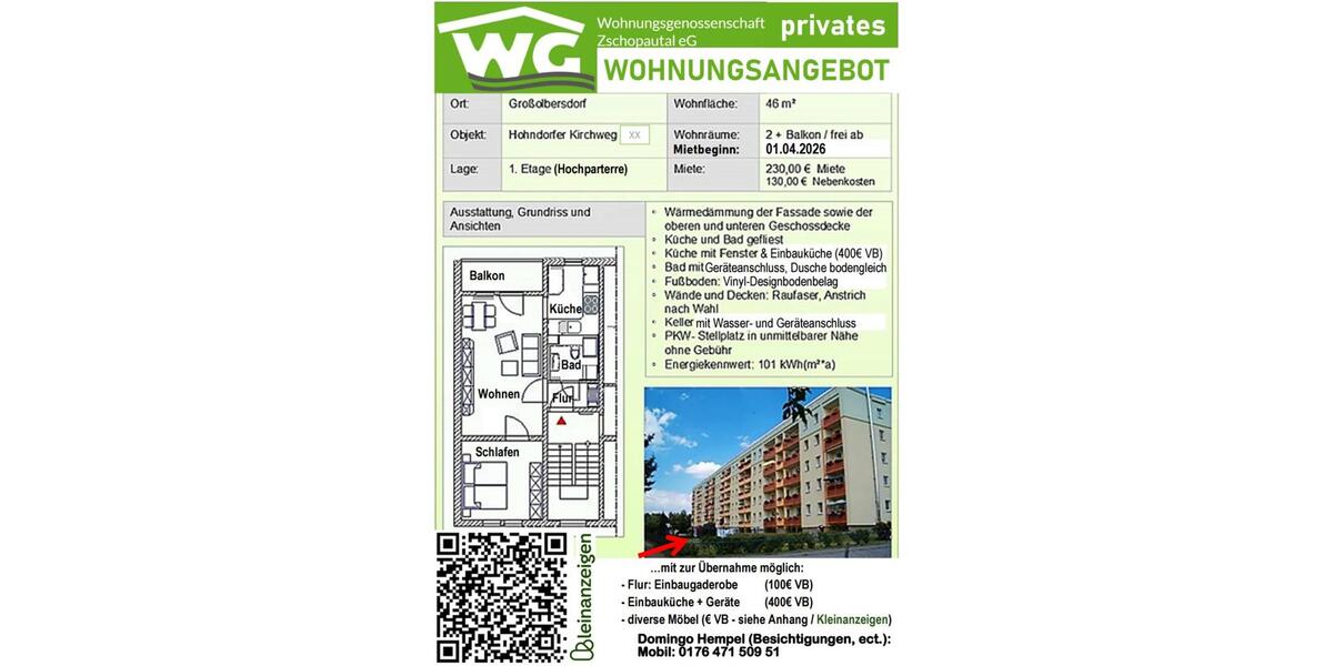 Hochparterre Großolbersdorf - 2 Zimmer, 46 m&sup2;, 230&euro; | Angebot:24690493