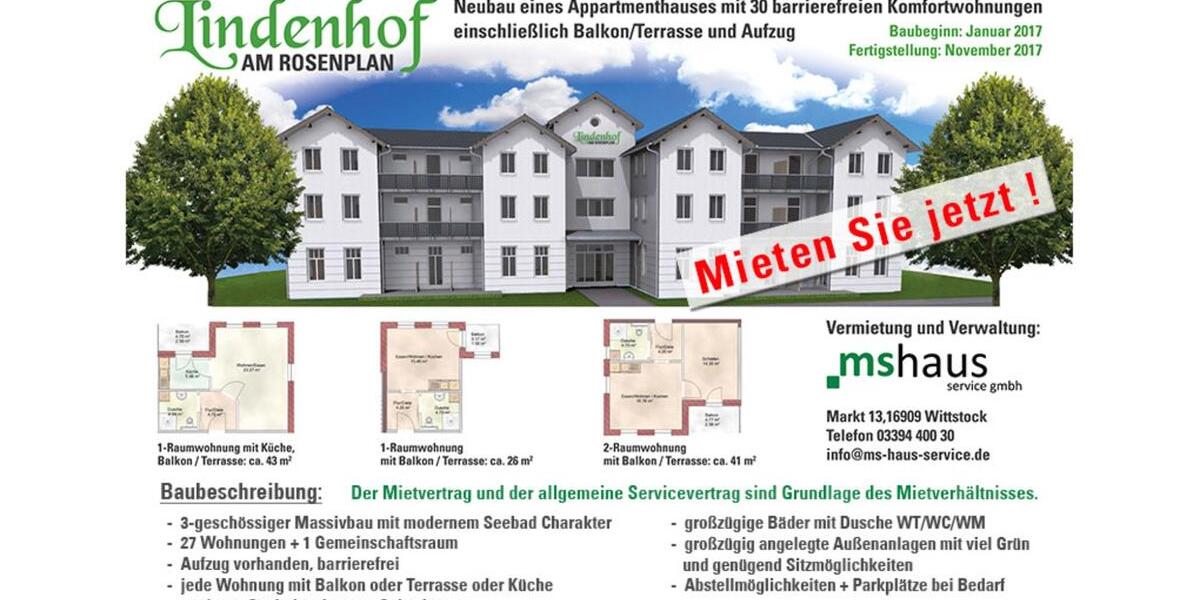 Etagenwohnung Wittstock/Dosse Dosse - 2 Zimmer, 44 m&sup2;, 522&euro; | Angebot:21260418